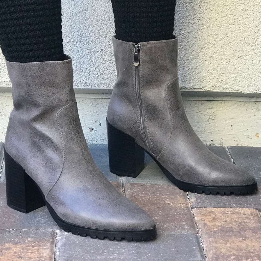 Gray Stacked Heel Lug Sole Mid Shaft Ankle Boots